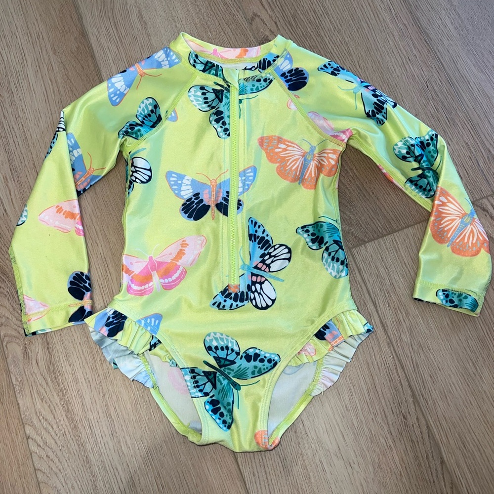 Lime Butterly Long Sleeve Ruffle Swimsuit